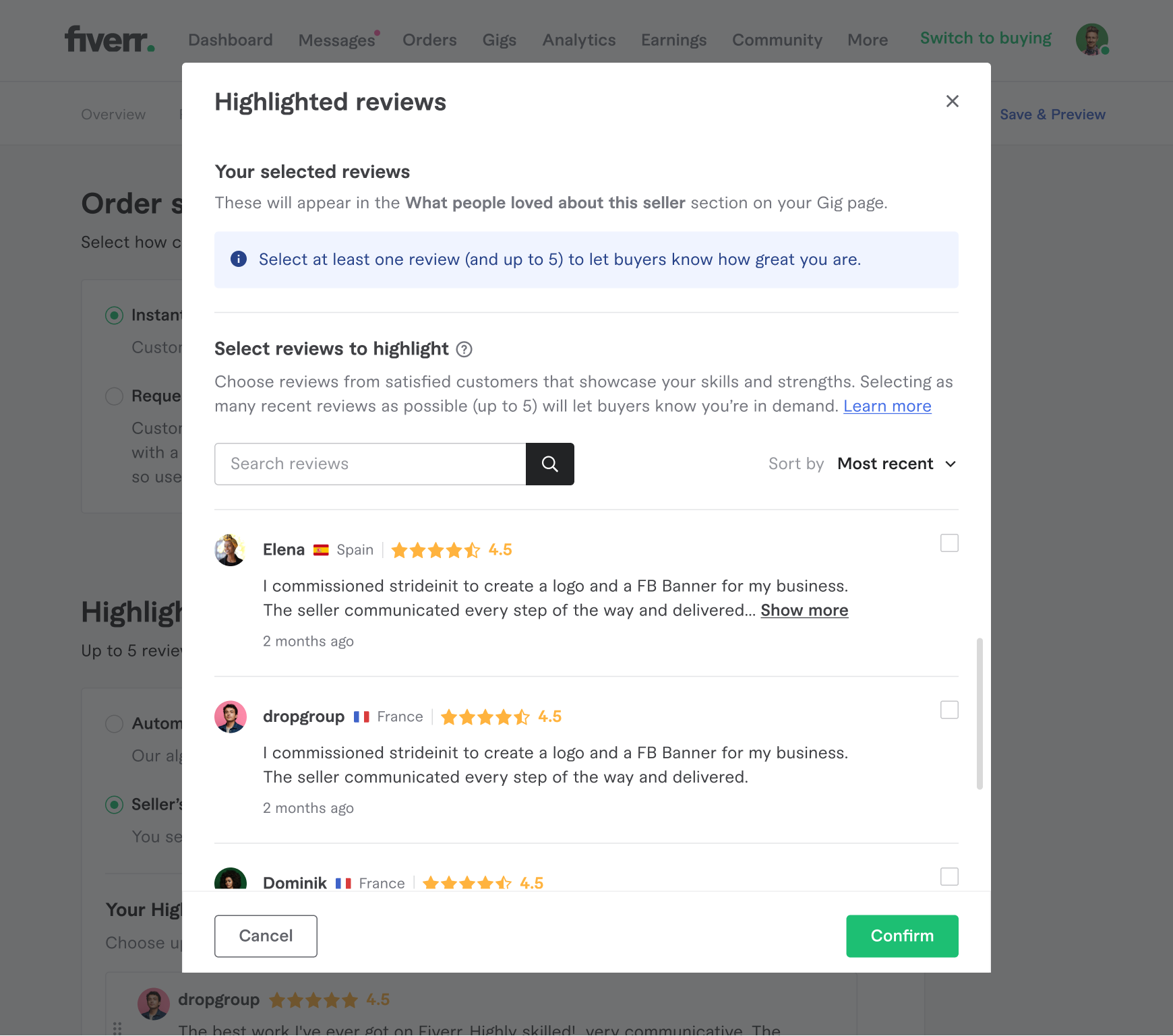 Select reviews to highlight – Fiverr Help Center