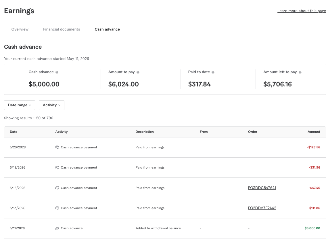Cash advance dashboard
