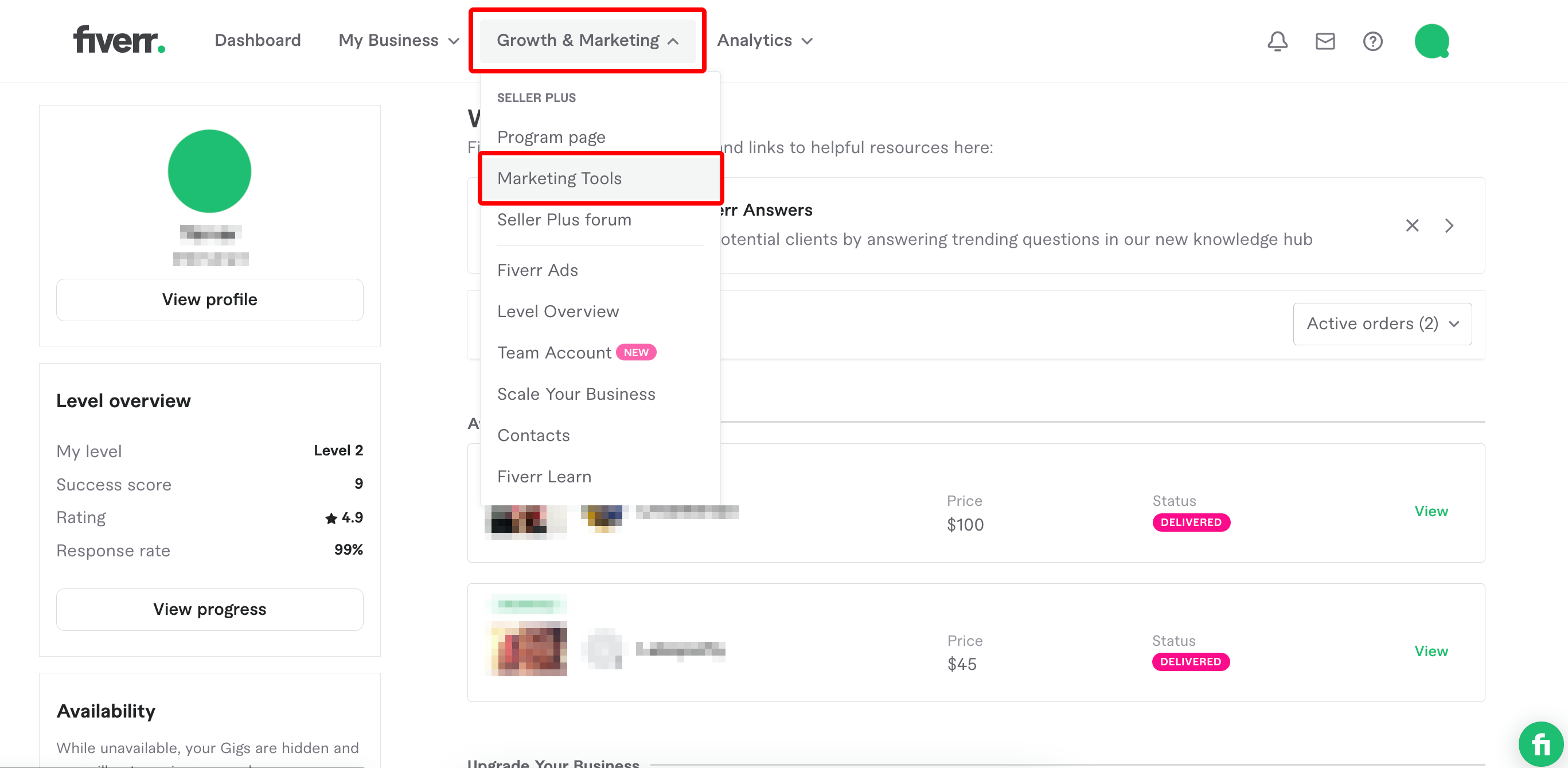 Navigation dans les outils marketing du tableau de bord Fiverr