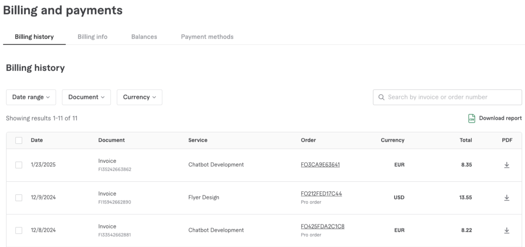 Billing History tab showing invoices with PDF download buttons