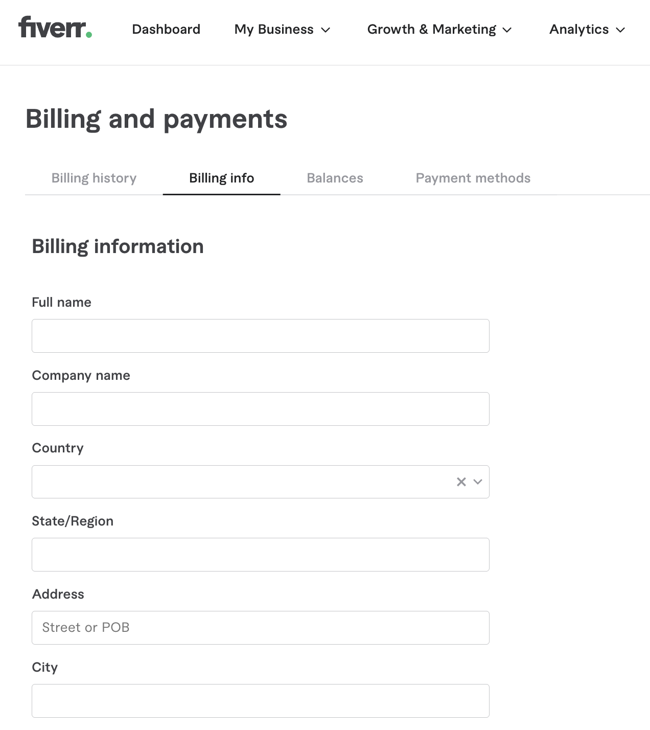 Billing information page showing fields for name, address, tax ID
