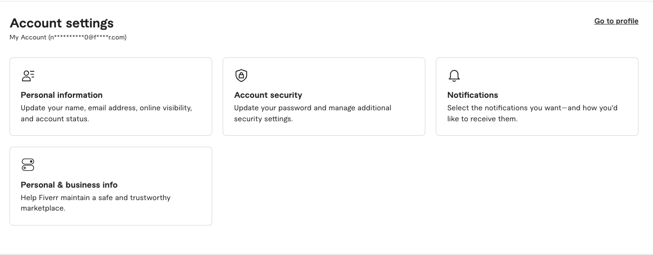 Pagina delle impostazioni dell'account Fiverr che mostra le opzioni relative a informazioni personali, sicurezza dell'account, notifiche e Verifica dell'identità