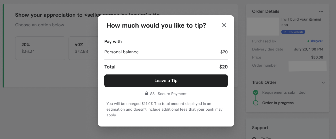 Tip payment screen