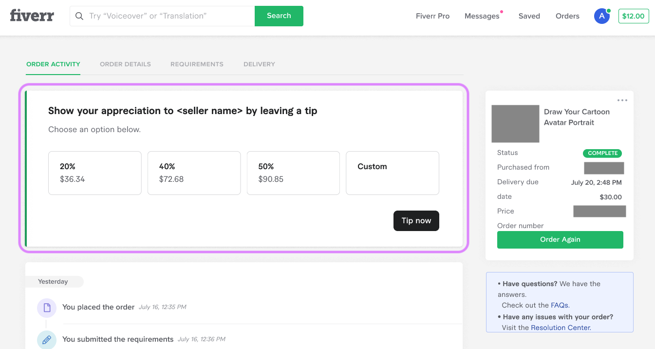 Tip Now option shown after order completion